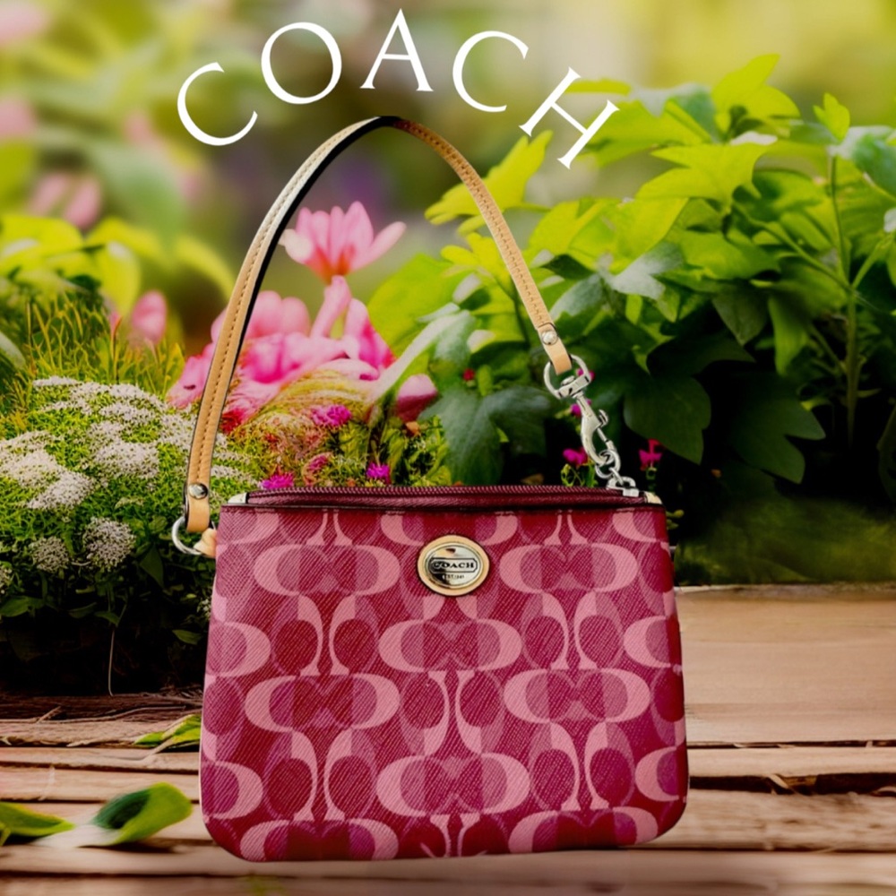 Coach Logo Wristlet Mini Bag, Maroon/Pink, Swivel-Snap Clip Card Holder Inside
